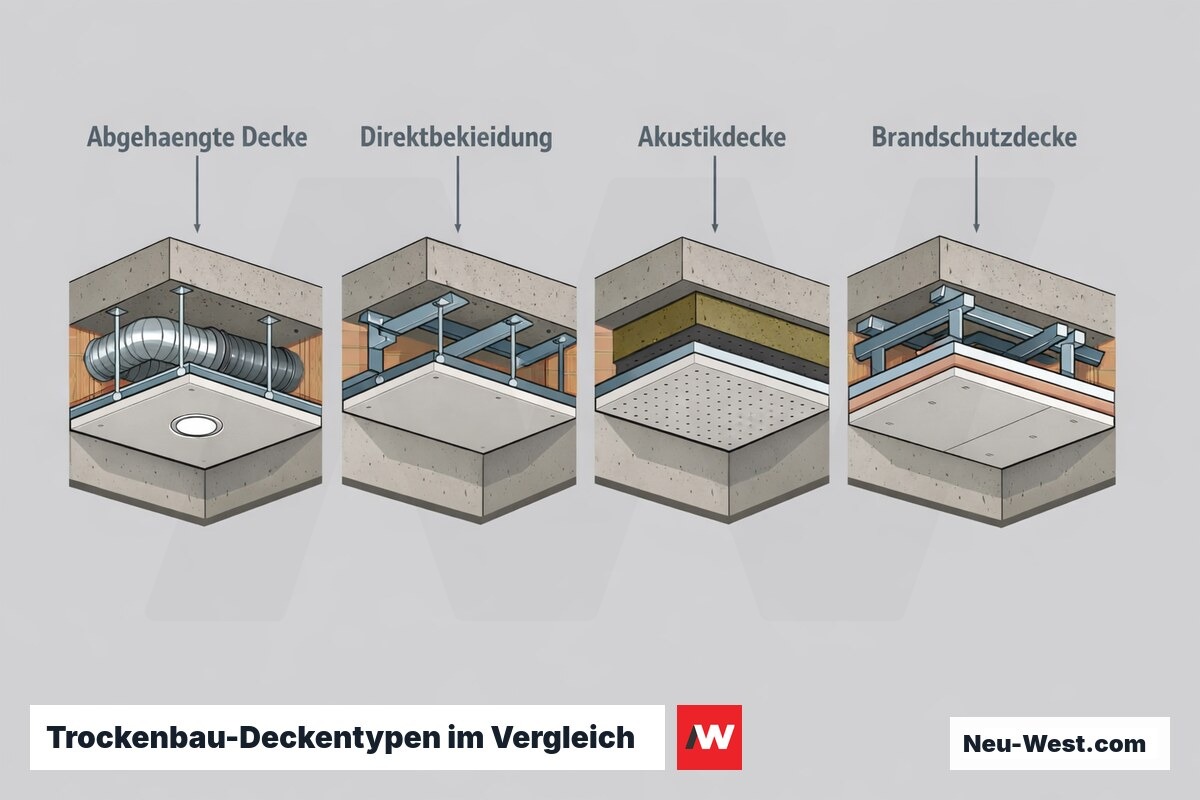 Vergleich von vier Trockenbau-Deckentypen: abgehängte Decke, Direktbekleidung, Akustikdecke und Brandschutzdecke als isometrische Bauteil-Module.