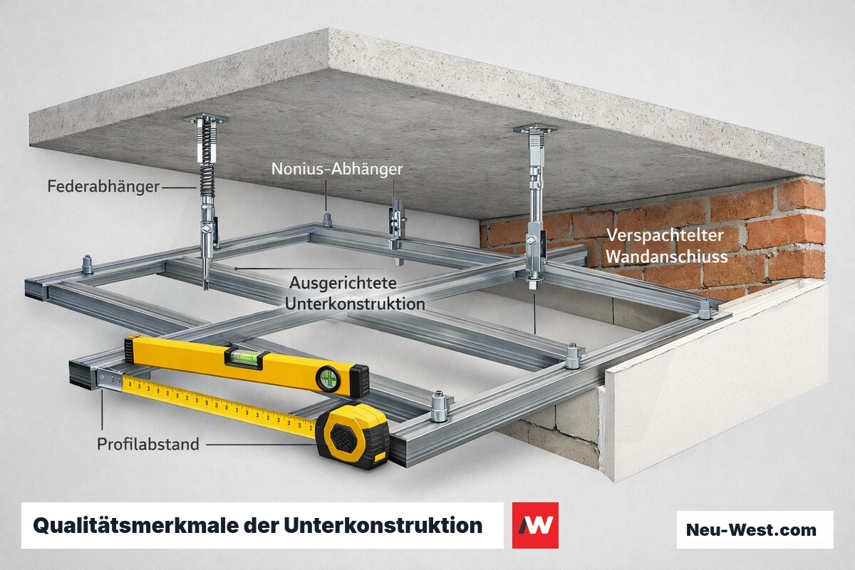 Cutaway einer abgehängten Decke mit ausgerichteter Unterkonstruktion, Abhängern, Profilabständen und sauber verspachteltem Wandanschluss.