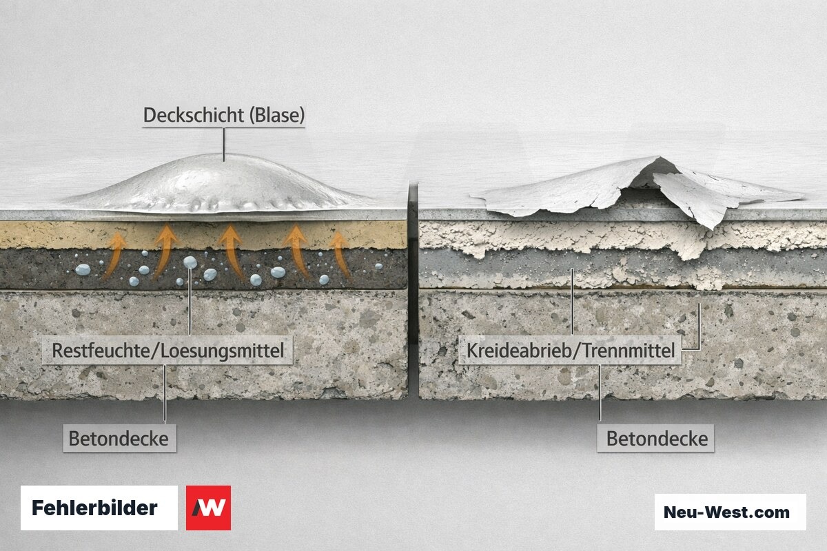 Querschnitt einer gestrichenen Betondecke: links Blasenbildung durch Restfeuchte, rechts abblätternder Anstrich durch Kreideabrieb und Trennmittelreste.