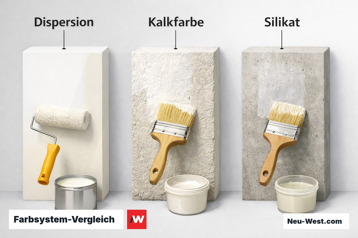 Farbsystem-Vergleich: Dispersionsfarbe, Kalkfarbe, Silikatfarbe – Erklär-Grafik (NEUWEST Berlin)