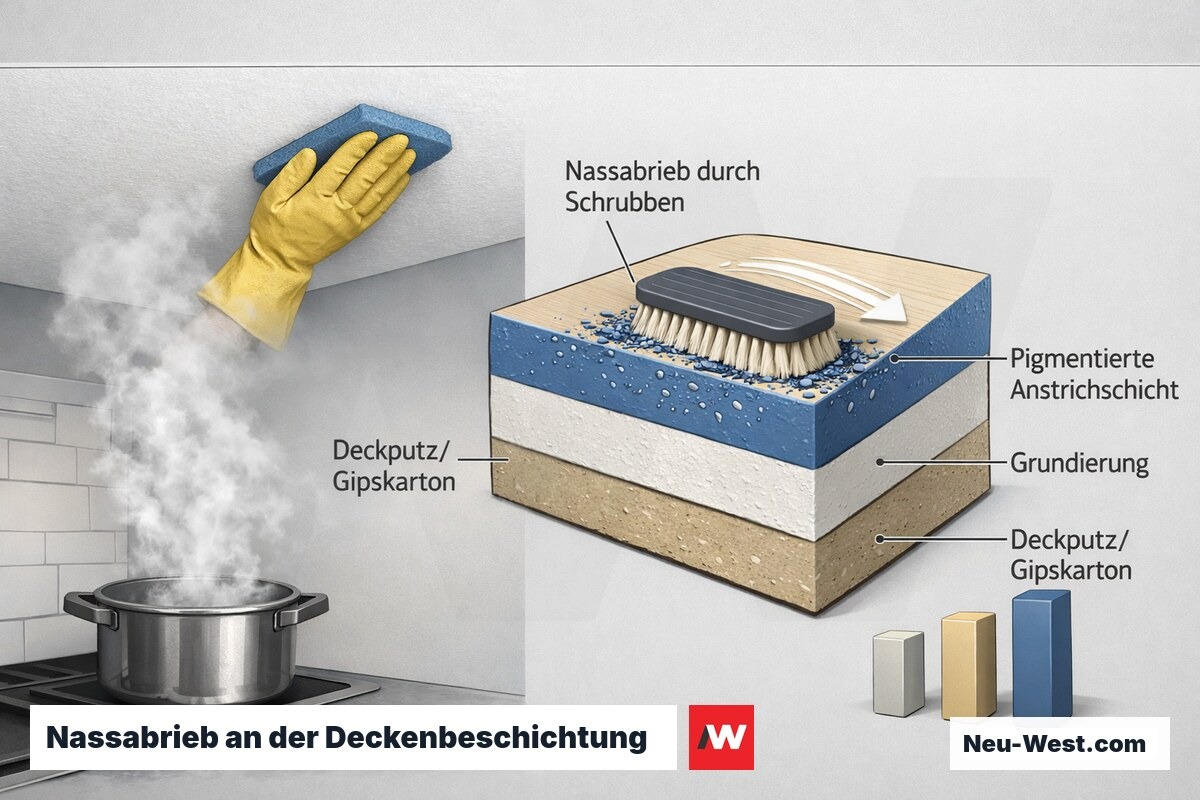 Querschnitt einer Deckenbeschichtung mit Gipskarton, Grundierung und Anstrichschicht sowie Nassabrieb durch Schrubben in einer Kueche.