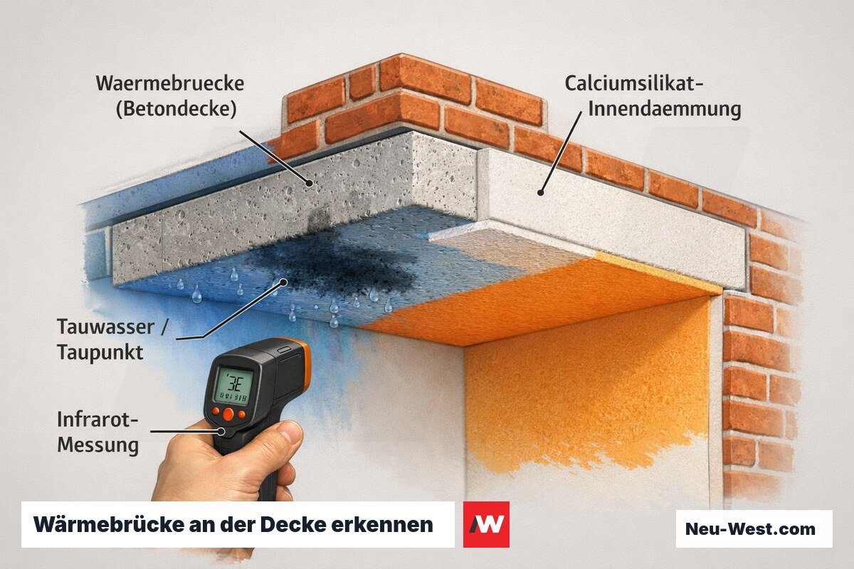 Querschnitt Decken-Wand-Anschluss: kalte Beton-Wärmebrücke mit Tauwasser, Infrarot-Messung und Calciumsilikat-Innendämmung als Lösung.