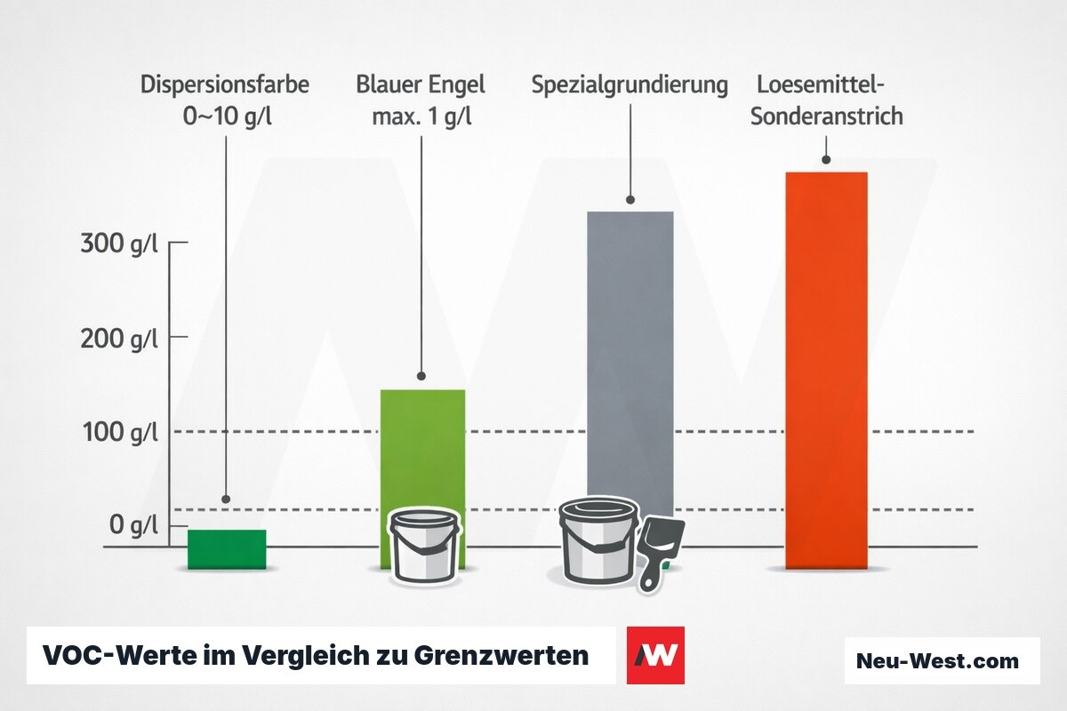 Balkendiagramm der VOC-Gehalte von Innenfarben mit Grenzwertlinien für Blauen Engel und Decopaint-Richtlinie in g/l.