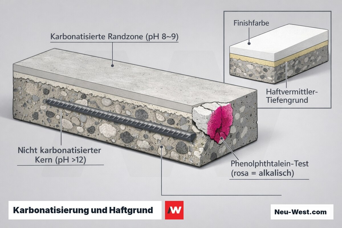 Querschnitt einer Betondecke mit karbonatisierter Randzone, alkalischem Kern, rosa Phenolphthalein-Test und eindringendem Haftgrund-Tiefengrund.