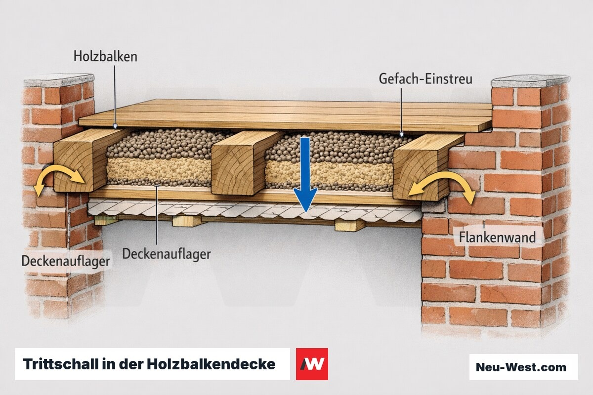 Querschnitt einer Altbau-Holzbalkendecke mit Gefach-Einstreu, Deckenauflager und Flankenwand, mit Pfeilen fuer Luft- und Koerperschall.