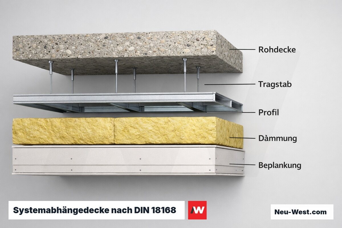 Systemabhängedecke nach DIN 18168: Schichtaufbau – Erklär-Grafik (NEUWEST Berlin)