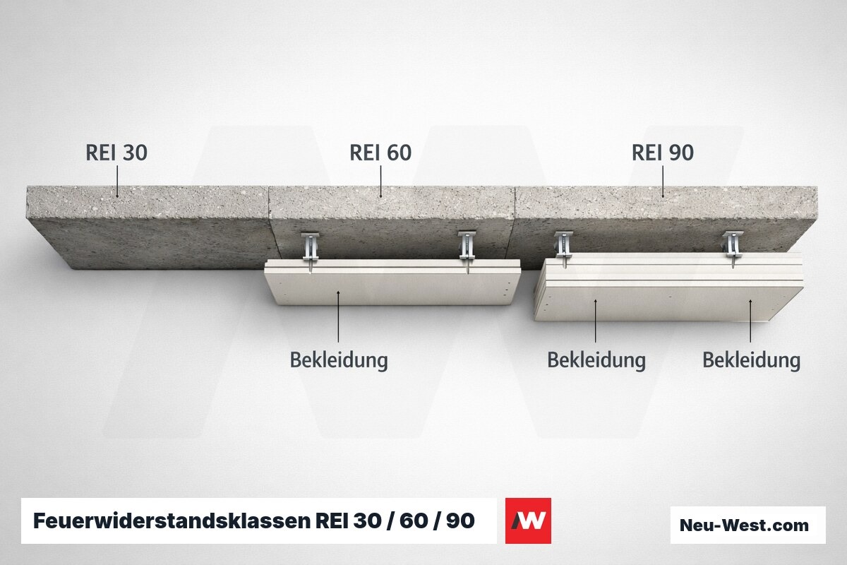 Feuerwiderstandsklassen REI 30 / 60 / 90 nach DIN EN 13501-2 – Erklär-Grafik (NEUWEST Berlin)