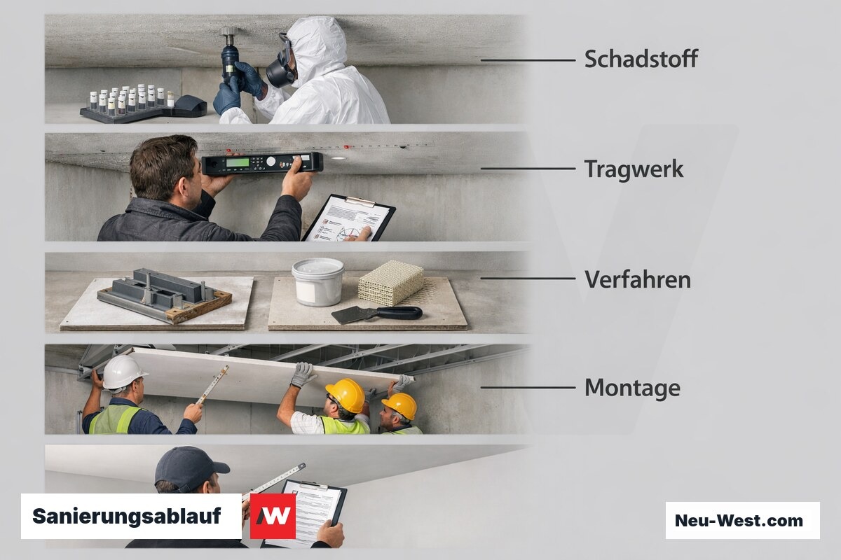 Sanierungsablauf: Von der Diagnose bis zur Abnahme – Erklär-Grafik (NEUWEST Berlin)