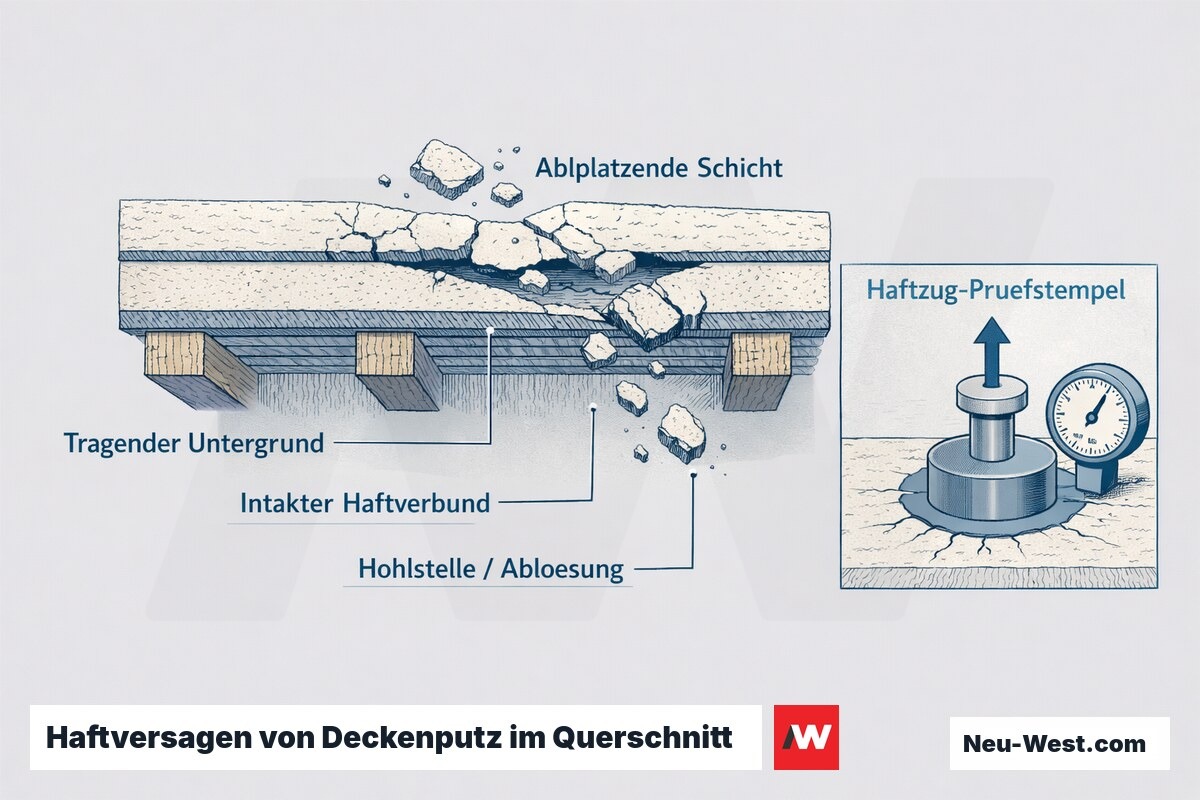 Querschnitt einer Berliner Decke mit intaktem Putz, Hohlstelle, abplatzendem Putz und Haftzug-Prüfstempel zur Beurteilung des Untergrunds.
