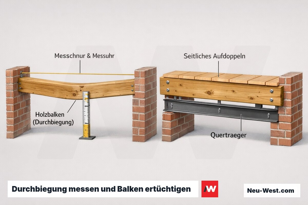 Querschnitt einer Holzbalkendecke: durchgebogener Balken mit Messschnur und Messuhr am Feldmitte, daneben seitliches Aufdoppeln und Querträger zur Ertüchtigung.