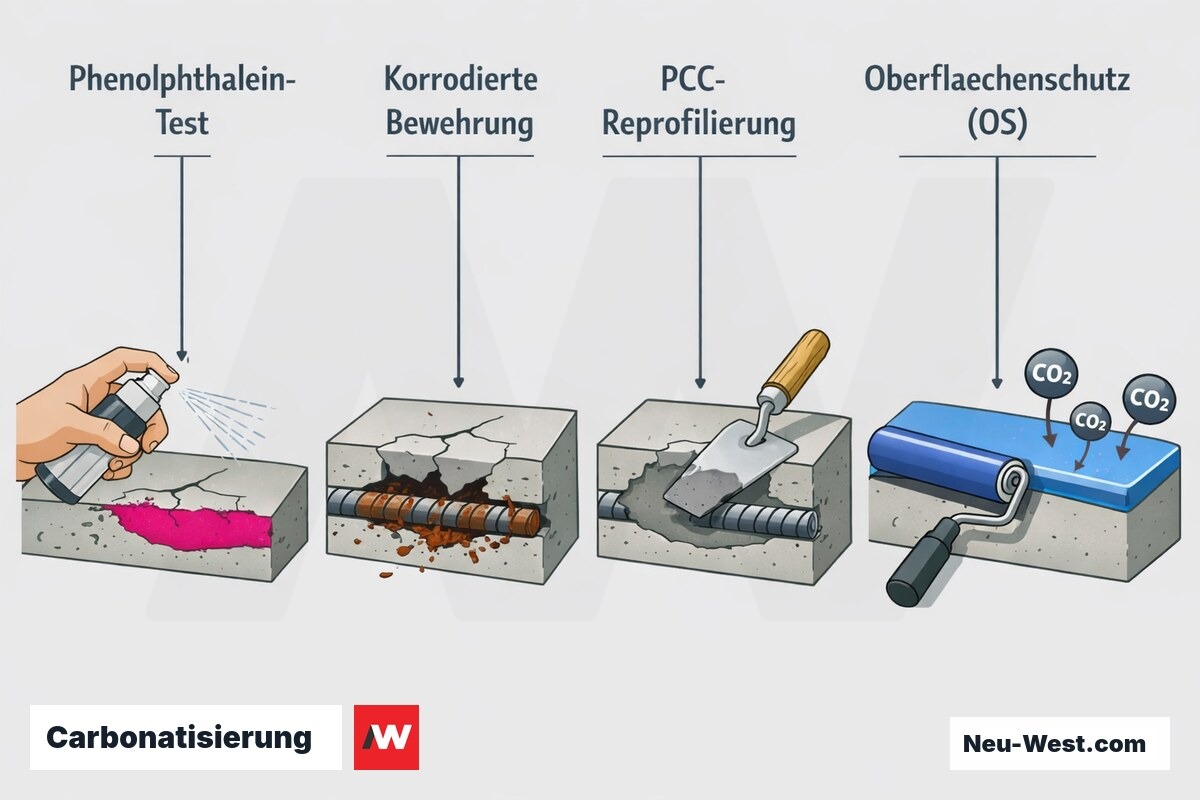 Vierschritt-Grafik zur Stahlbetondecke: Phenolphthalein-Test, korrodierte Bewehrung, PCC-Reprofilierung und Oberflächenschutz-System gegen CO₂-Eintrag.