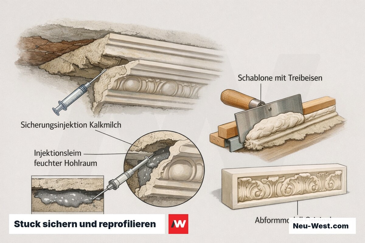 Querschnitt-Illustration: abgehobenes Stuckfeld mit Sicherungsinjektion durch Bohrung sowie Profilergänzung mit Schablone und Abformmodell.