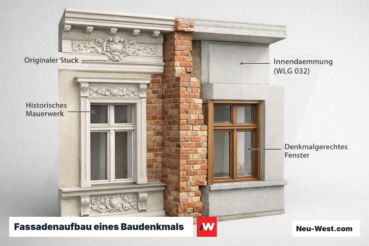 Querschnitt einer Gründerzeit-Fassade zeigt Originalsubstanz außen und denkmalgerechte Innendämmung innen.