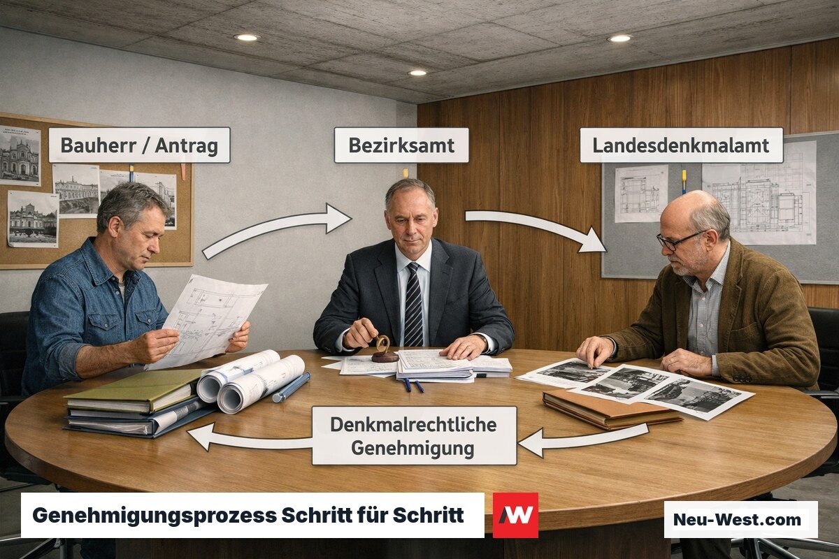 Drei-Parteien-Abstimmung zwischen Bauherr, Bezirksamt und Landesdenkmalamt bei Denkmalsanierung.