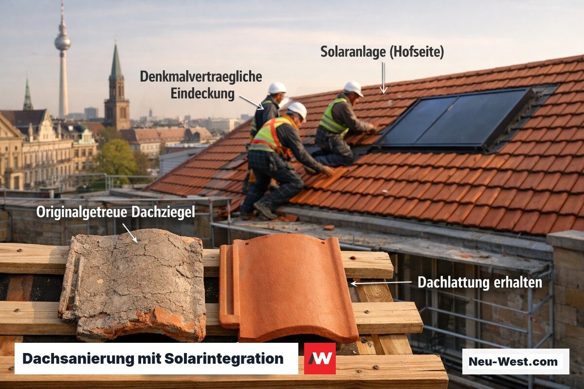 Handwerker erneuern Ziegeldach eines Baudenkmals originalgetreu; diskrete Solaranlage auf der straßenabgewandten Dachseite.