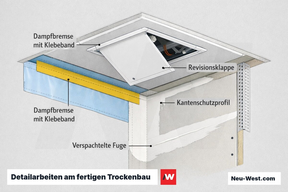Querschnitt eines fertigen Trockenbaus mit Dampfbremse, Revisionsklappe, Kantenschutzprofil und verspachtelter Fuge.