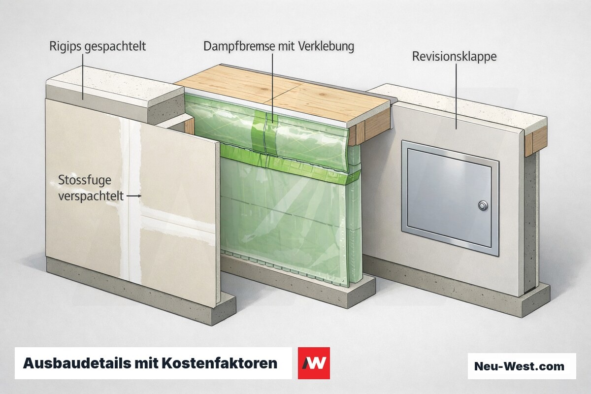 Cutaway-Detail: gespachtelte Rigipswand, verklebte Dampfbremse und eingebaute Revisionsklappe als typische Kostenpositionen im Innenausbau.