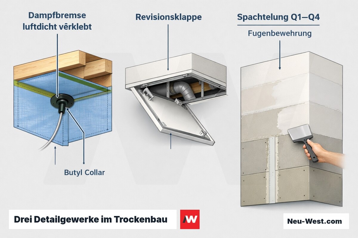 Erklaer-Illustration dreier Trockenbau-Details nebeneinander: luftdicht verklebte Dampfbremse, eingebaute Revisionsklappe und stufenweise verspachtelte Rigips-Wand.