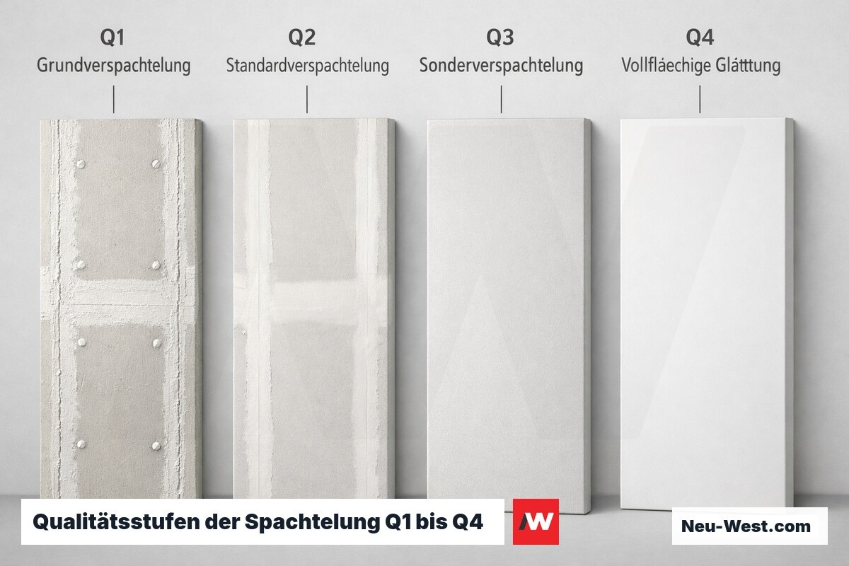 Vergleich der vier Oberflächengüten gespachtelter Rigipswände von Q1 Grundverspachtelung bis Q4 vollflächiger Glättung für passenden Folgebelag.