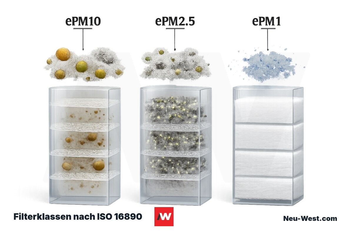 Filterklassen nach ISO 16890 — Partikelabscheidegrad im Vergleich – Erklär-Grafik (NEUWEST Berlin)