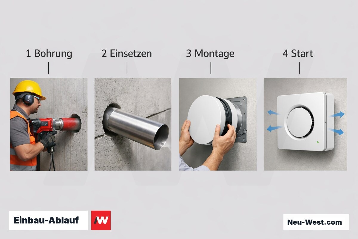 Einbau-Ablauf: Von der Kernbohrung bis zur Inbetriebnahme – Erklär-Grafik (NEUWEST Berlin)