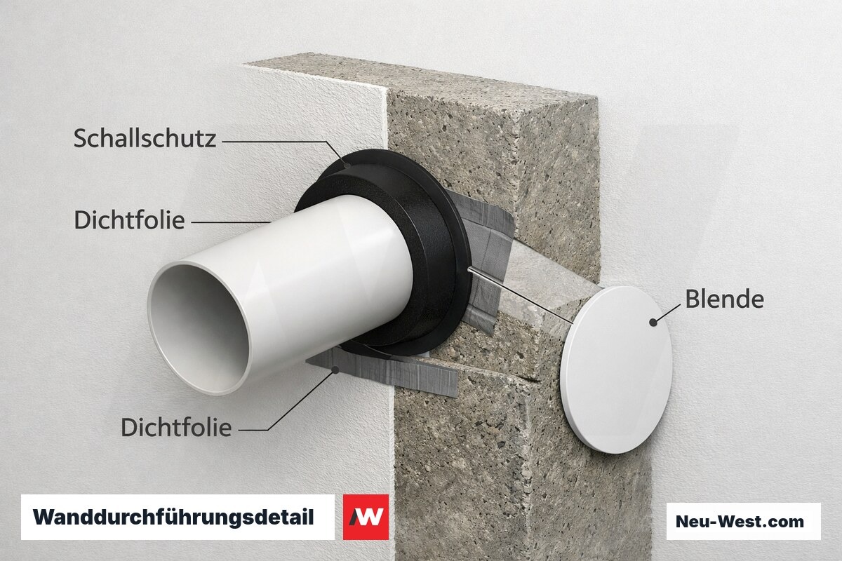 Wanddurchführungsdetail: Schallschutz-Entkopplung und Kondensatneigung – Erklär-Grafik (NEUWEST Berlin)