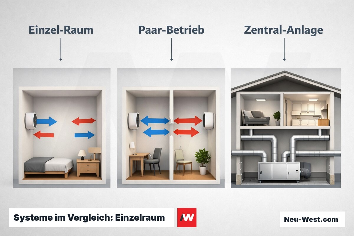 Systeme im Vergleich: Einzelraum — Paar-Betrieb — Zentrale Lüftungsanlage – Erklär-Grafik (NEUWEST Berlin)