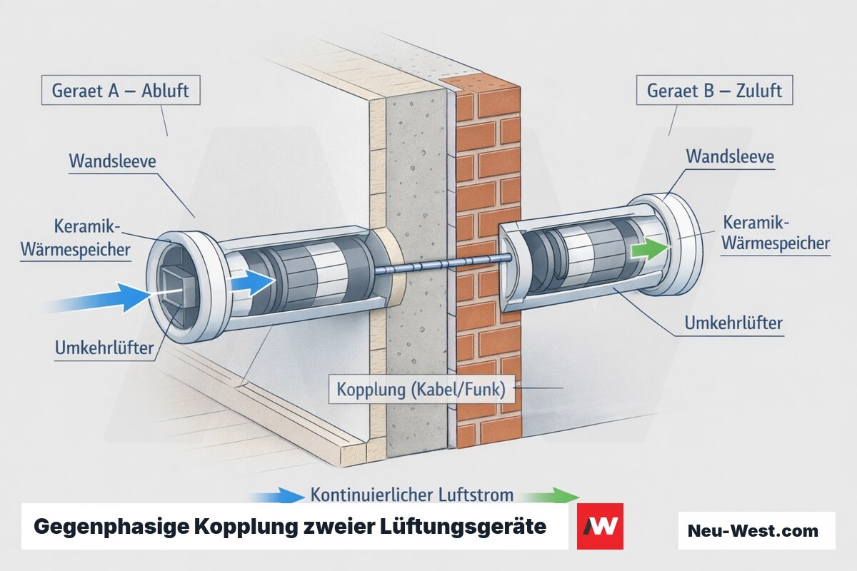 Erklärgrafik: zwei gekoppelte Lüftungsgeräte in der Außenwand, Gerät A saugt ab, Gerät B bläst ein, verbunden per Kopplungsleitung für kontinuierlichen Luftstrom.