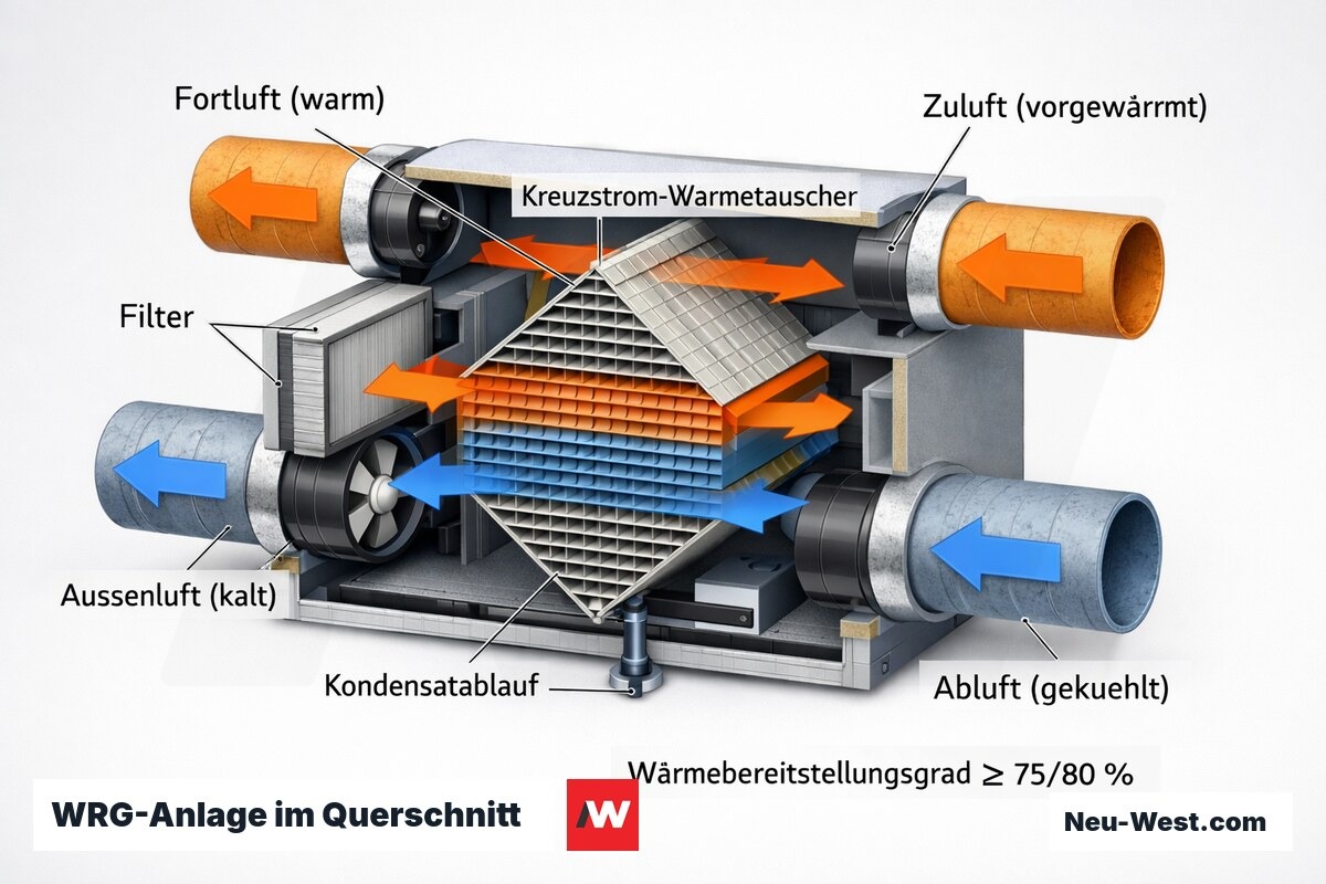 Querschnitt einer Lüftungsanlage mit Kreuzstrom-Wärmetauscher: Fort-, Ab-, Außen- und Zuluftströme sowie WRG-Kern für den Wärmebereitstellungsgrad.