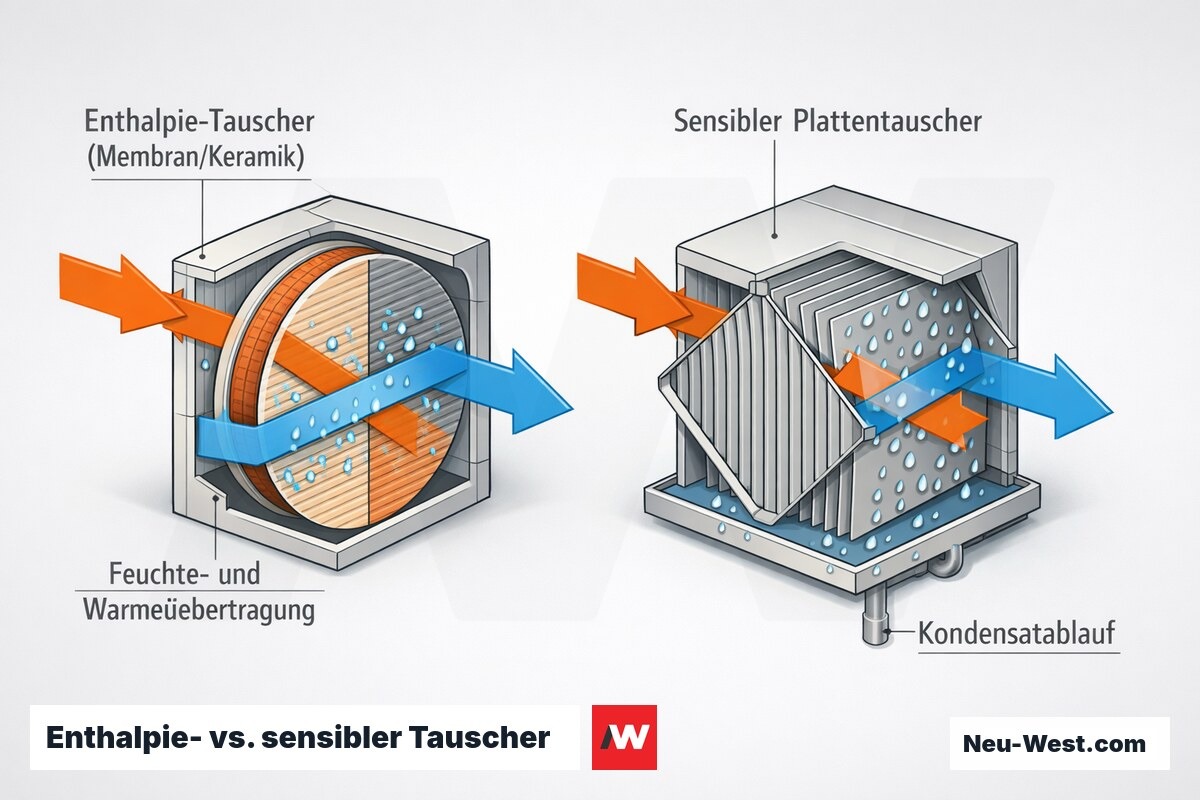 Cutaway-Vergleich: Enthalpie-Tauscher mit Feuchteübertragung durch Membran neben sensiblem Plattentauscher mit blockierter Feuchte und Kondensatablauf.