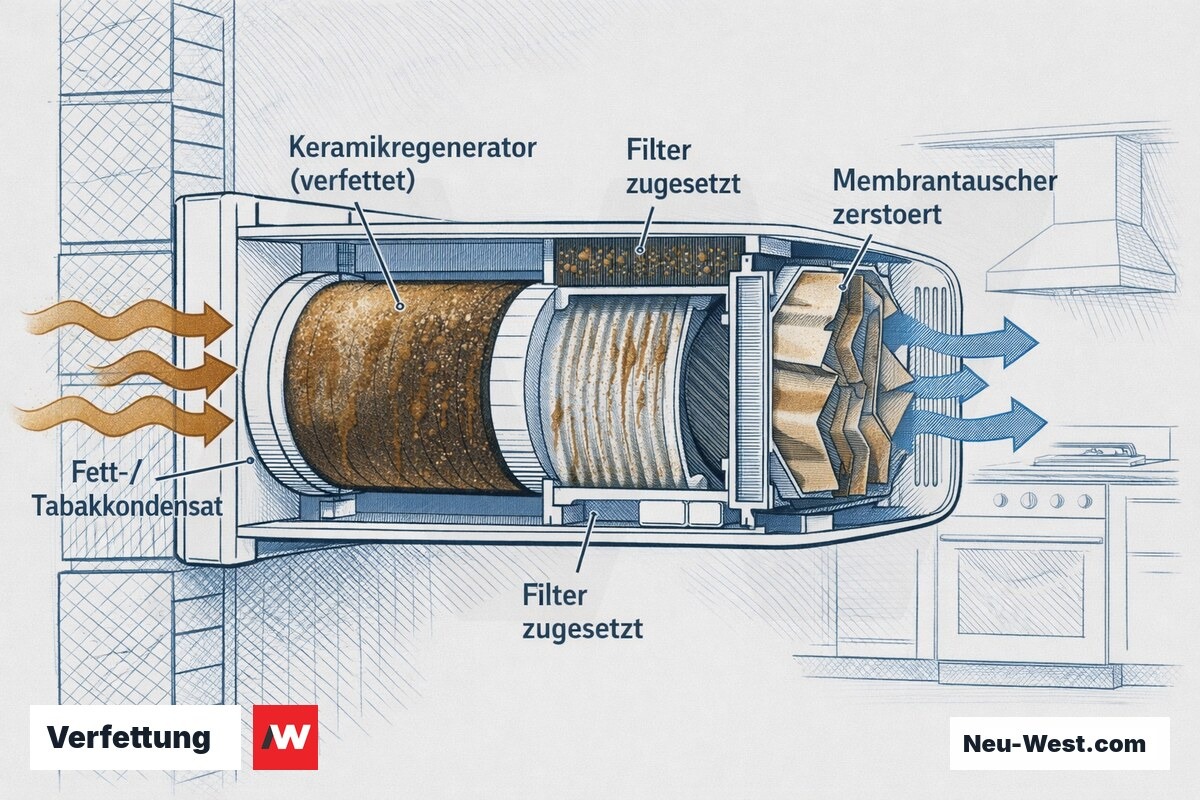 Querschnitt eines dezentralen WRG-Geräts in der Küchenwand mit verfettetem Keramikregenerator, zugesetztem Filter und zerstörtem Membrantauscher durch Fett- und Tabakkondensat.