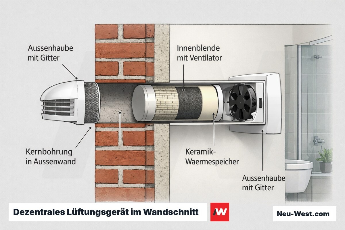 Querschnitt eines dezentralen Lüftungsgeräts in der Außenwand eines Berliner Altbaus mit Innenblende, Keramik-Wärmespeicher, Kernbohrung und Außenhaube.