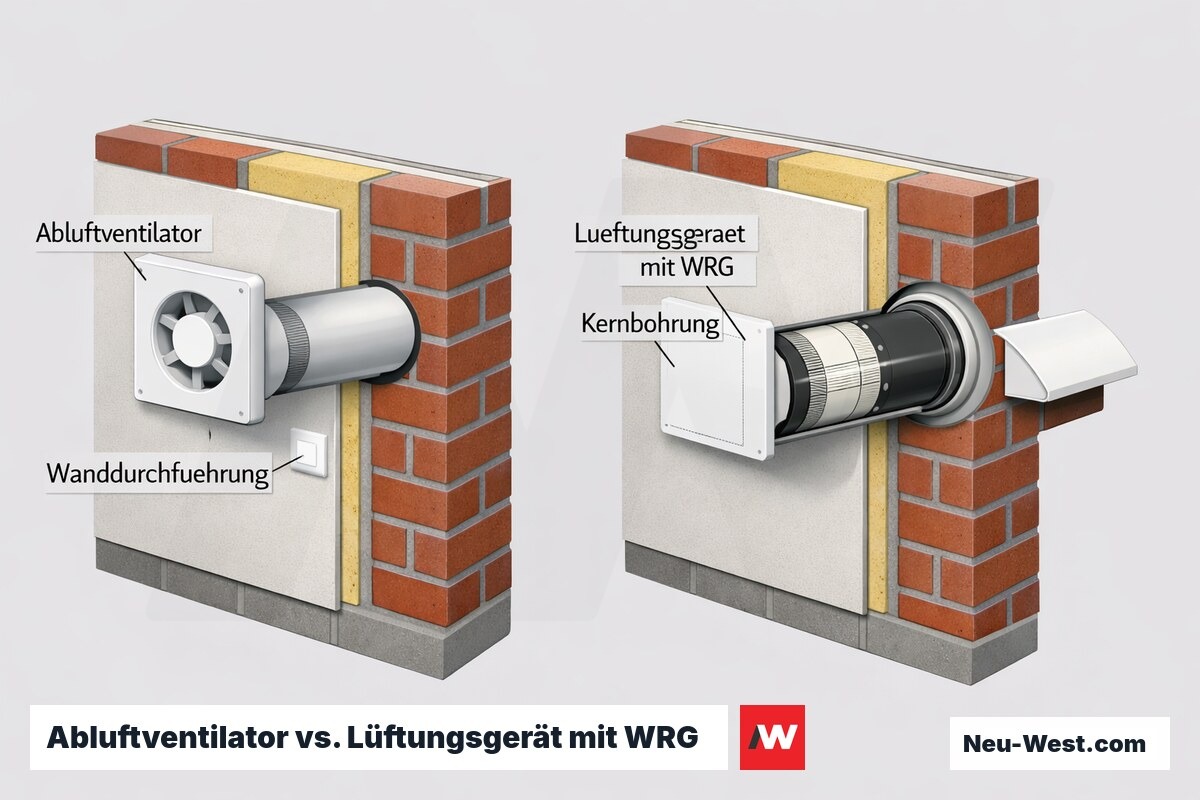 Querschnitt einer Außenwand mit einfachem Abluftventilator und dezentralem Lüftungsgerät mit Wärmerückgewinnung in Kernbohrung.