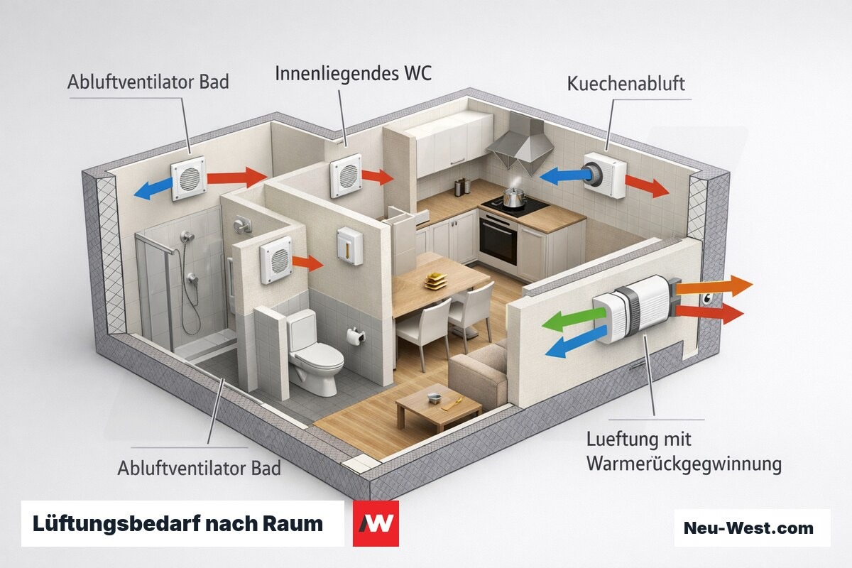Grundriss einer Berliner Wohnung: Abluftventilatoren in Bad, WC und Küche sowie dezentrale Wohnraumlüftung mit Wärmerückgewinnung im Wohnraum.
