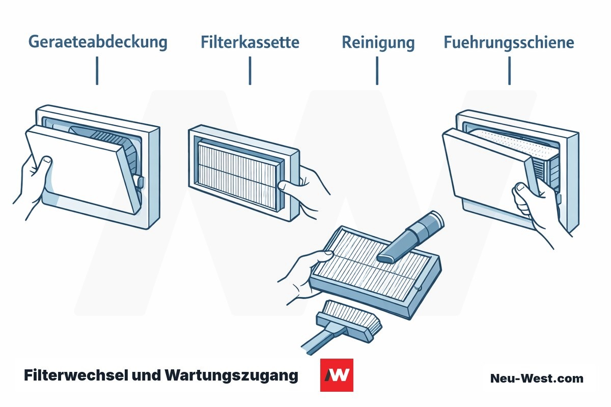 Ablaufdarstellung eines Filterwechsels an einem Lüftungsgerät: Abdeckung öffnen, Filterkassette entnehmen, reinigen und neuen Filter einsetzen.