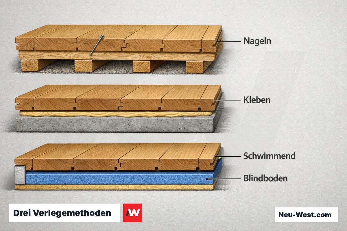Drei Verlegemethoden im Querschnitt-Vergleich – Erklär-Grafik (NEUWEST Berlin)