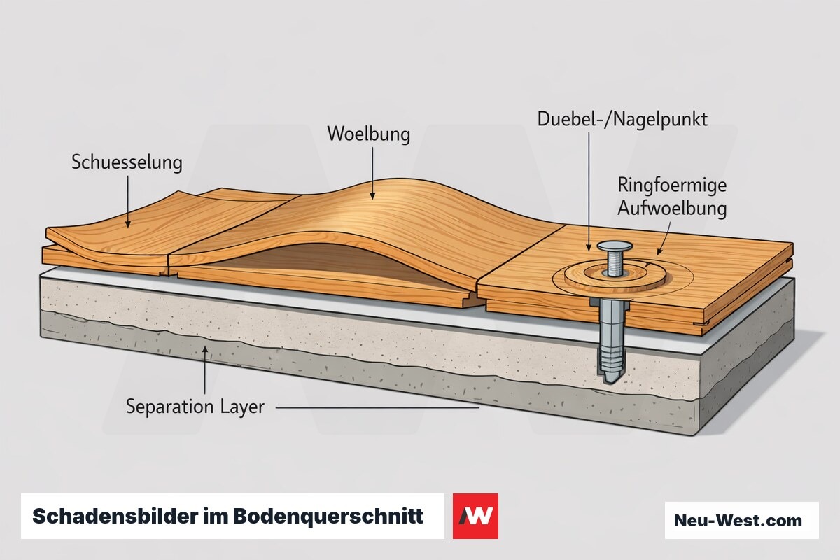 Querschnitt einer schwimmenden Bodenkonstruktion mit Schüsselung, Wölbung und ringförmiger Aufwölbung um einen Dübel- und Nagelpunkt.
