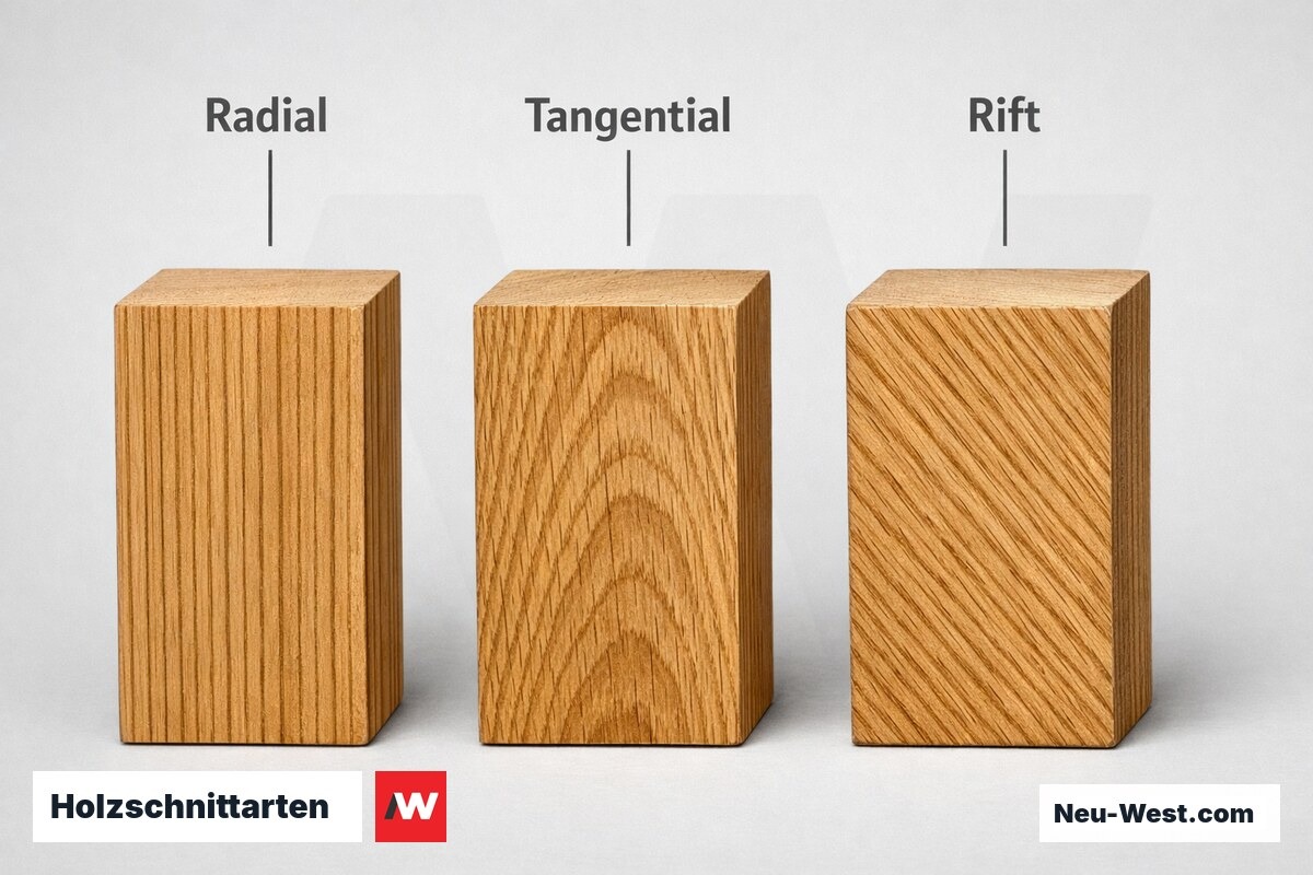 Holzschnittarten: Einfluss auf Formstabilität und Maseroptik – Erklär-Grafik (NEUWEST Berlin)