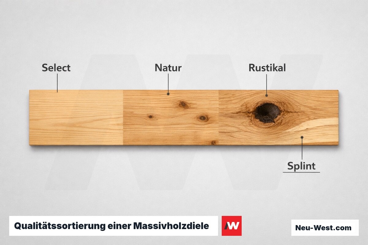 Qualitätssortierung einer Massivholzdiele: Select, Natur, Rustikal – Erklär-Grafik (NEUWEST Berlin)