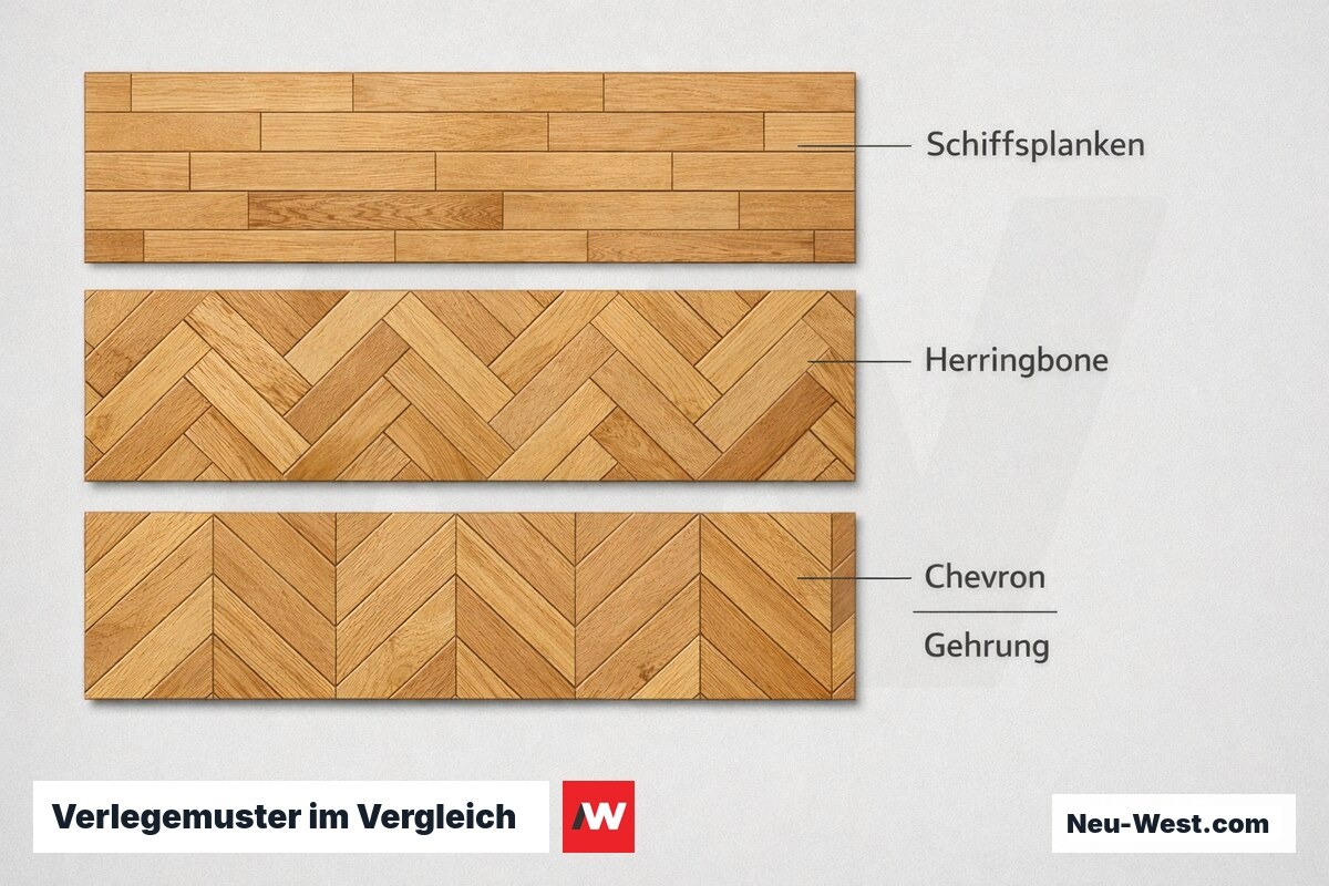 Verlegemuster im Vergleich: Verschnitt und Raumwirkung – Erklär-Grafik (NEUWEST Berlin)