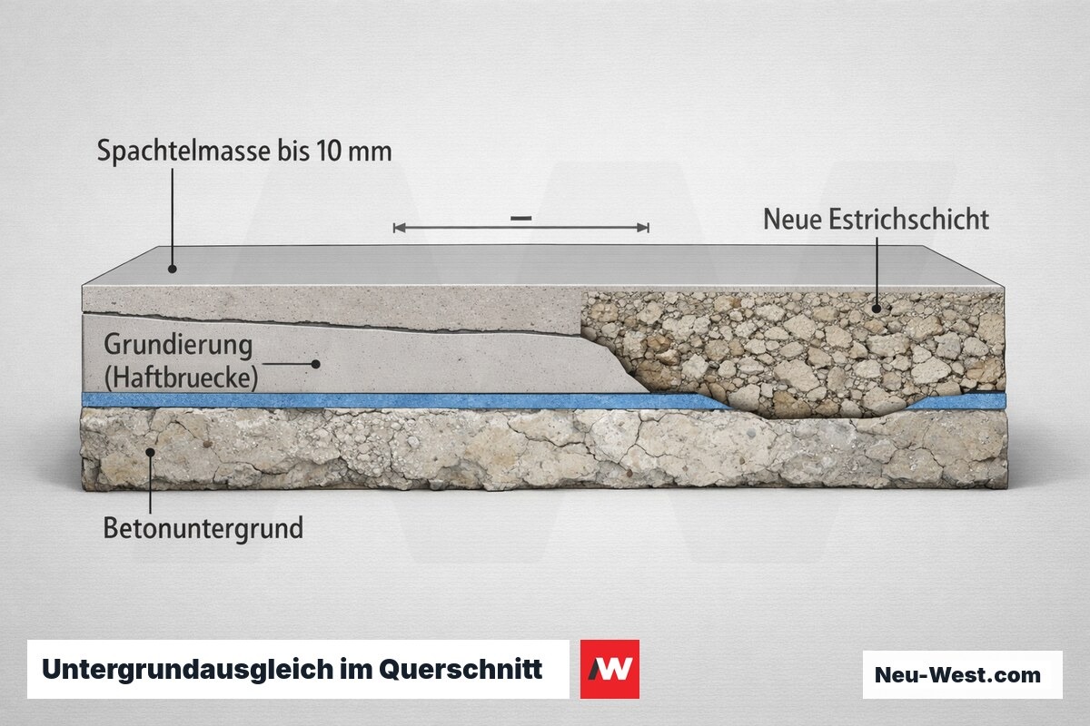Querschnitt der Untergrundvorbereitung: Betonuntergrund mit Grundierung, Zement-Spachtelmasse bis 10 mm und neuer Estrichschicht im tiefen Bereich.