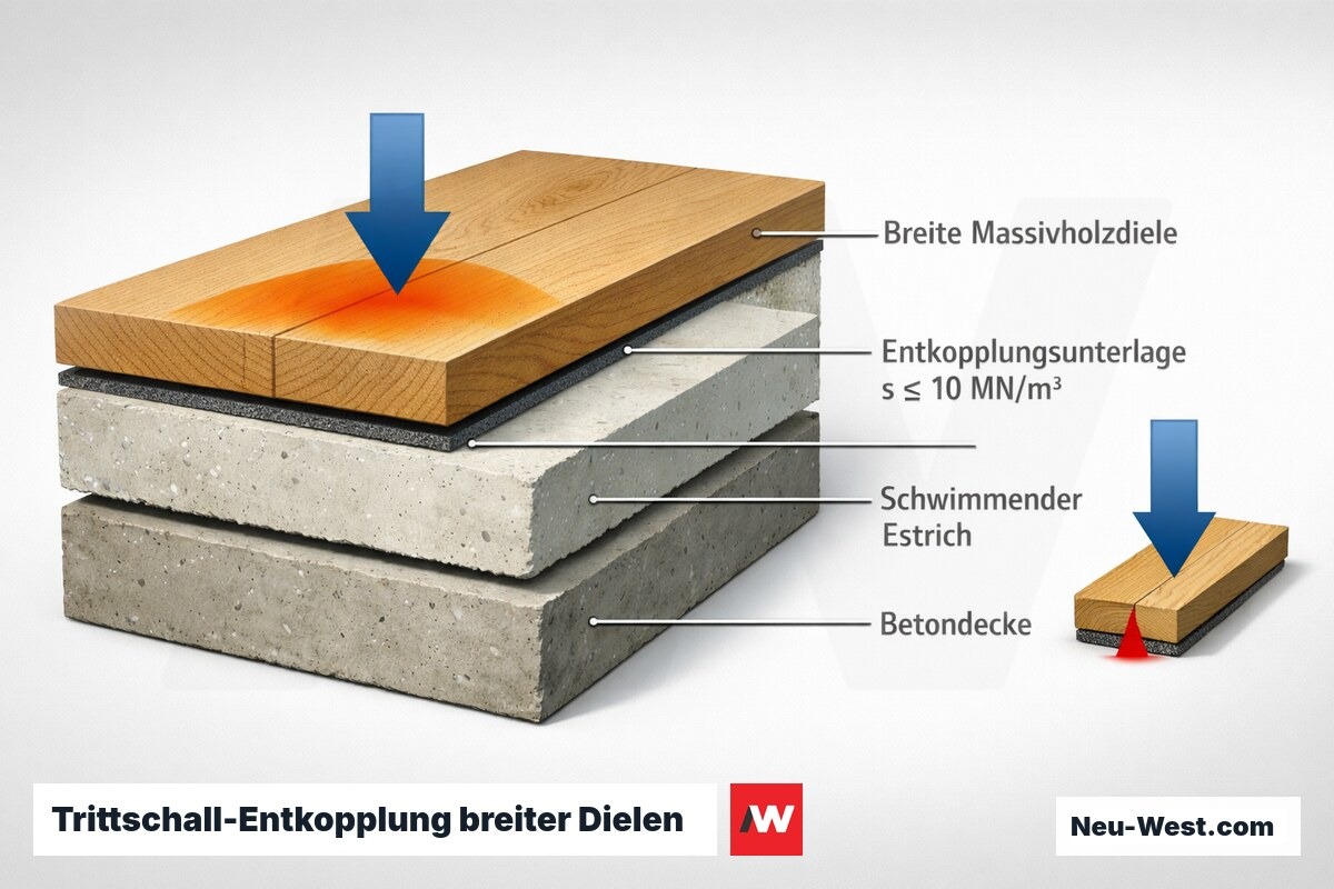 Querschnitt eines Fußbodenaufbaus: breite Massivholzdiele auf Entkopplungsunterlage über schwimmendem Estrich und Betondecke mit Punktlast-Weiterleitung.