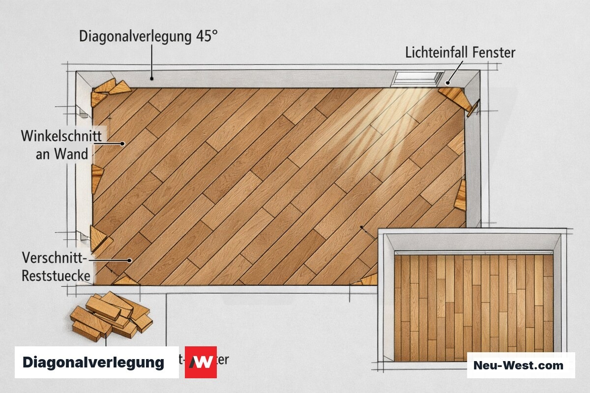 Grundriss-Skizze einer diagonal verlegten Massivholzdiele mit Winkelschnitten an allen Wänden, Verschnitt-Reststücken und Lichteinfall vom Fenster.