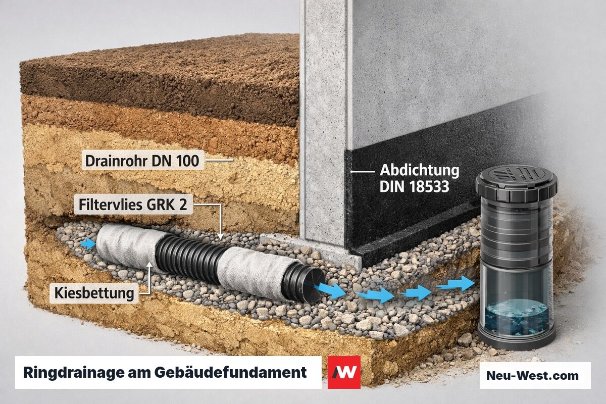 Querschnitt einer Ringdrainage mit perforiertem Rohr, Filtervlies und Kiesbettung neben einer gedämmten Fundamentwand