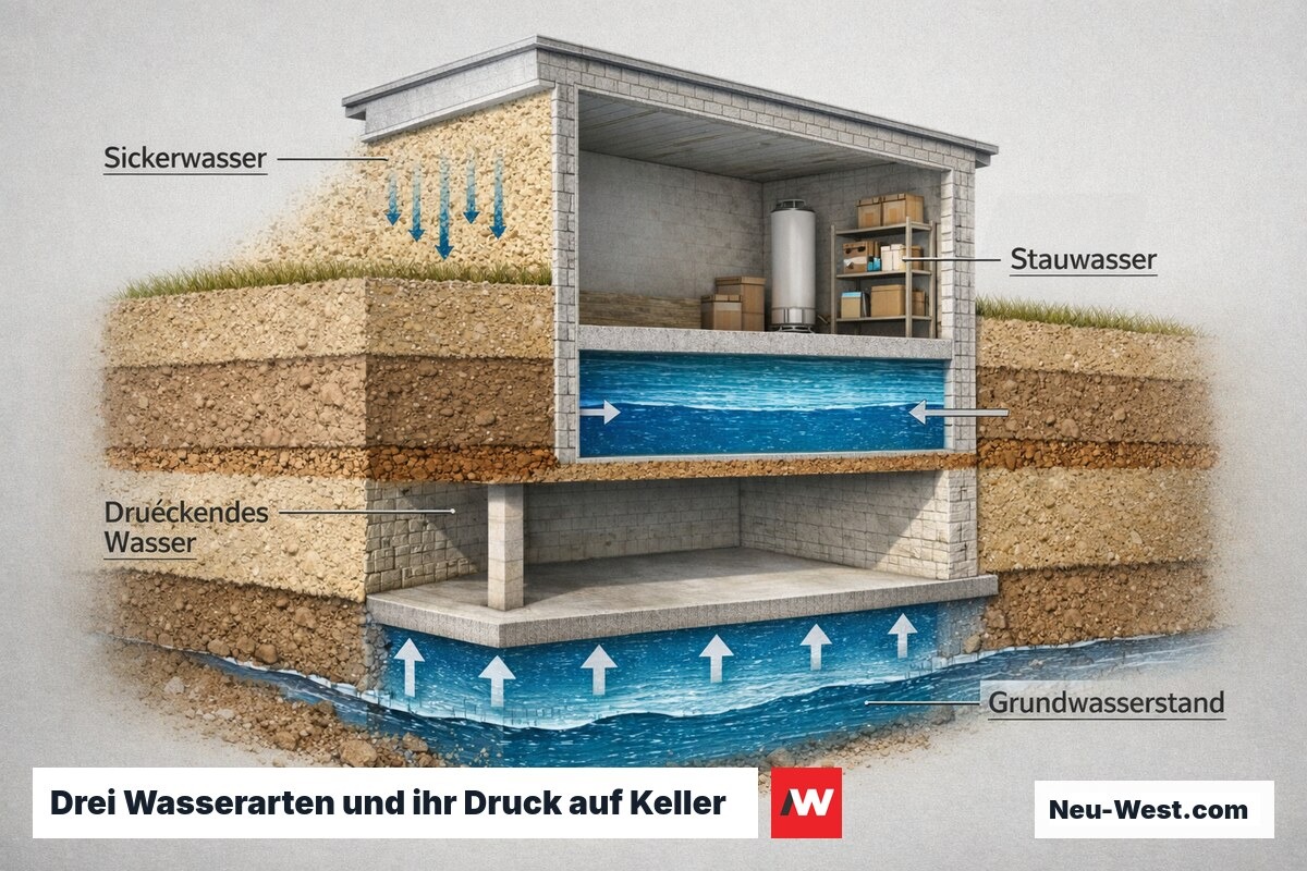 Illustration der drei Wasserarten – Sicker-, Stau- und drückendes Grundwasser – und ihrer Wirkung auf ein Kellergeschoss