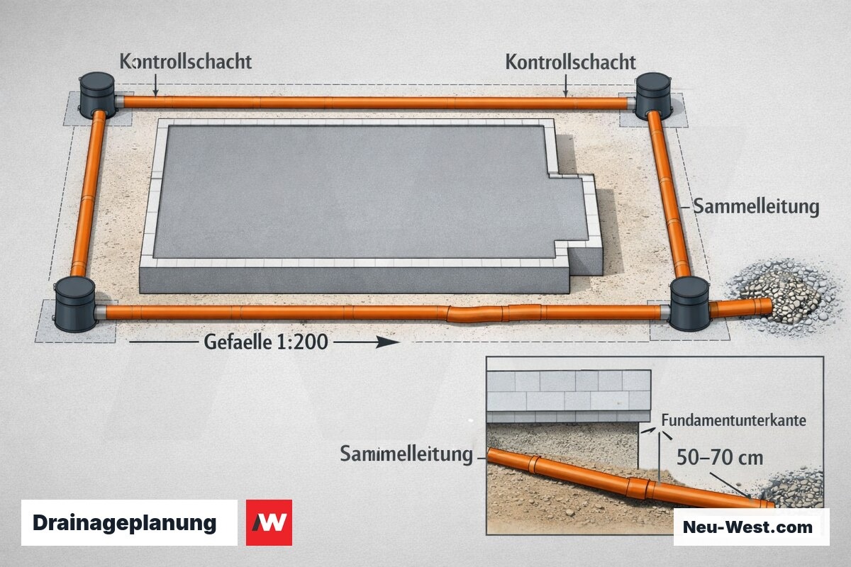 Draufsicht und Schnitt einer Ringdrainage-Planung mit Mindestgefälle 1:200, Kontrollschächten und Sammelleitung
