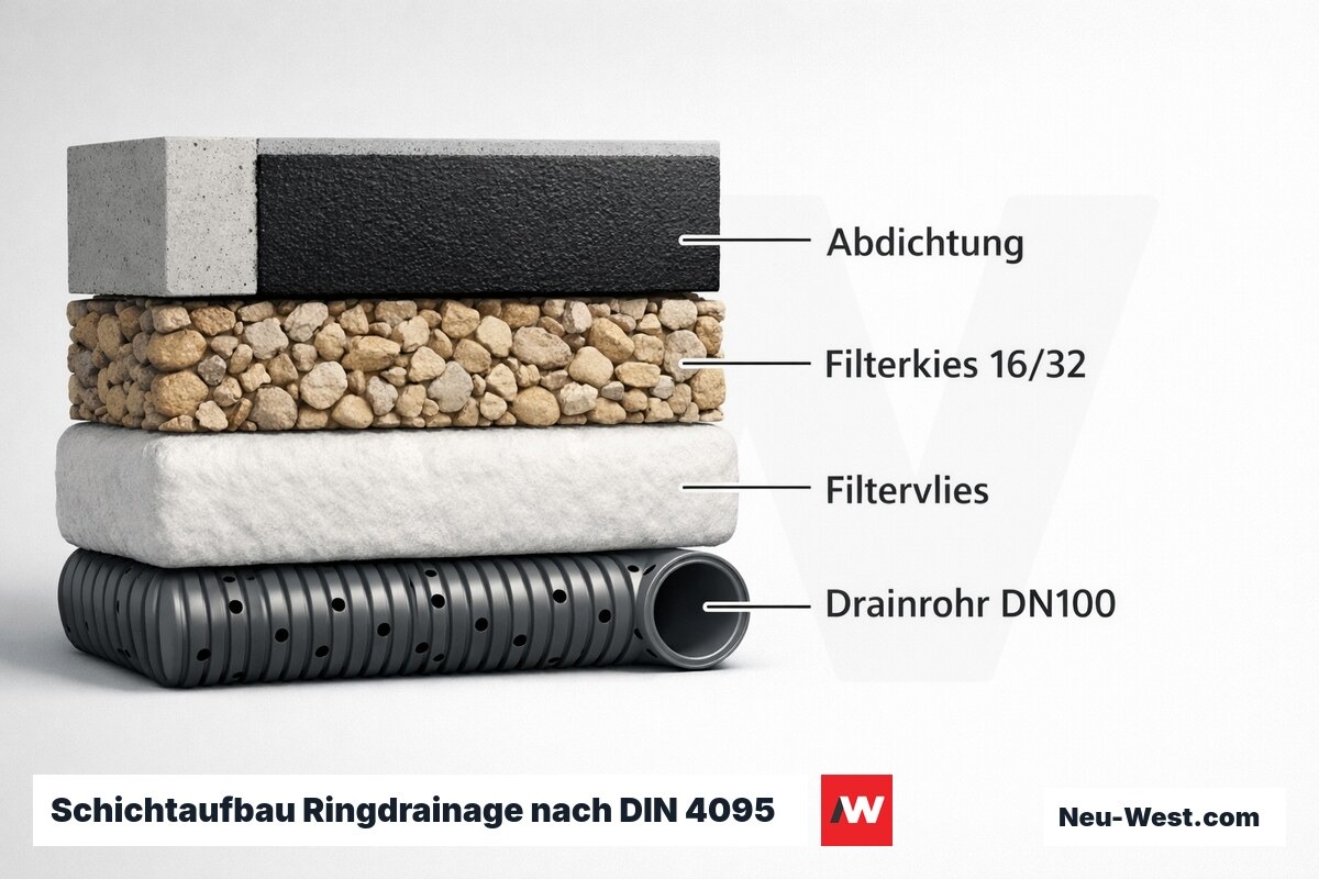 Schichtaufbau Ringdrainage nach DIN 4095: Kornzone und Rohr-Achslage – Erklär-Grafik (NEUWEST Berlin)