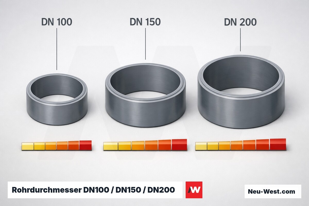 Rohrdurchmesser DN100 / DN150 / DN200: Bemessung nach Einzugsflaeche – Erklär-Grafik (NEUWEST Berlin)