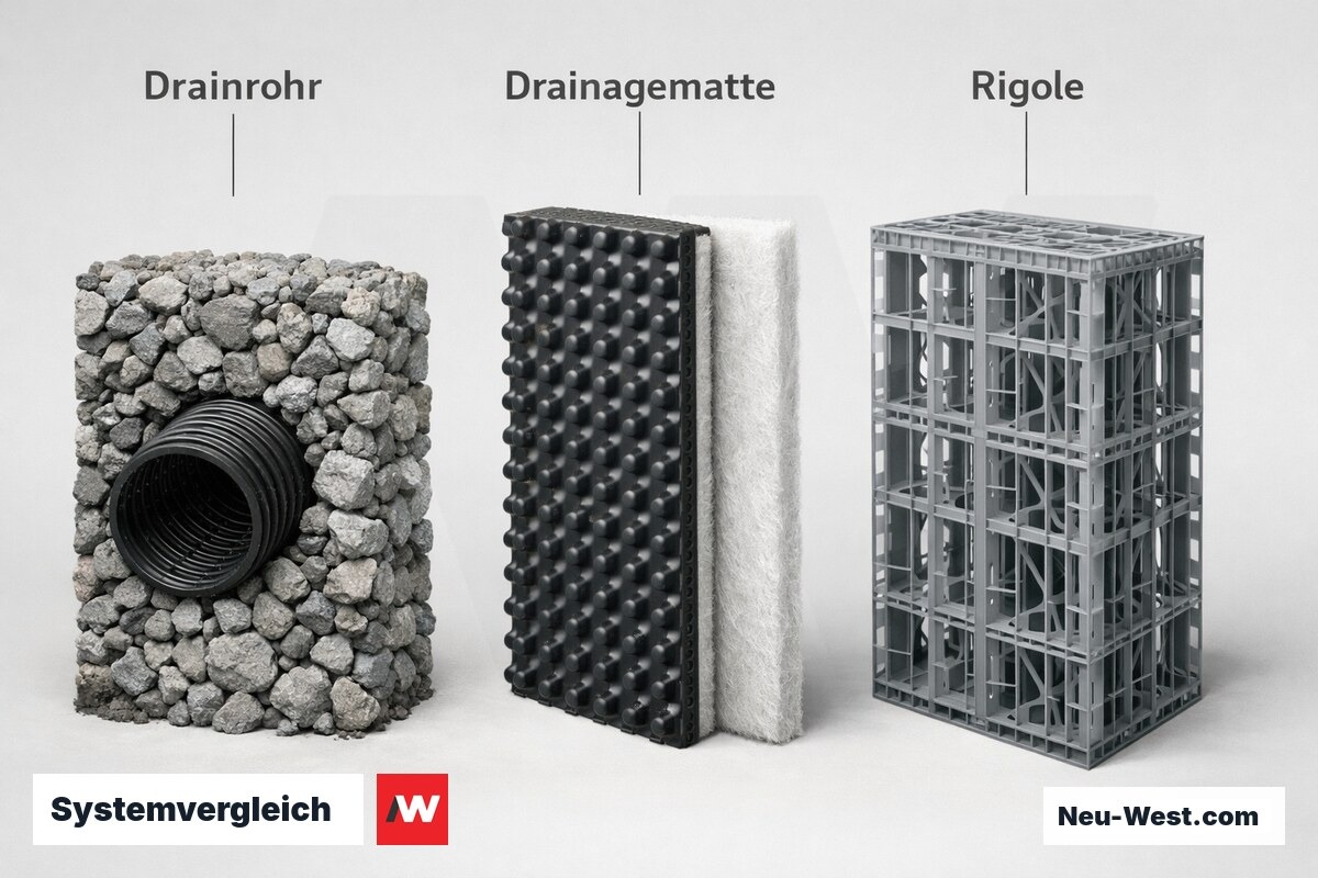 Systemvergleich: Drainrohr im Kiesbett vs. Drainagematte vs. Rigole – Erklär-Grafik (NEUWEST Berlin)