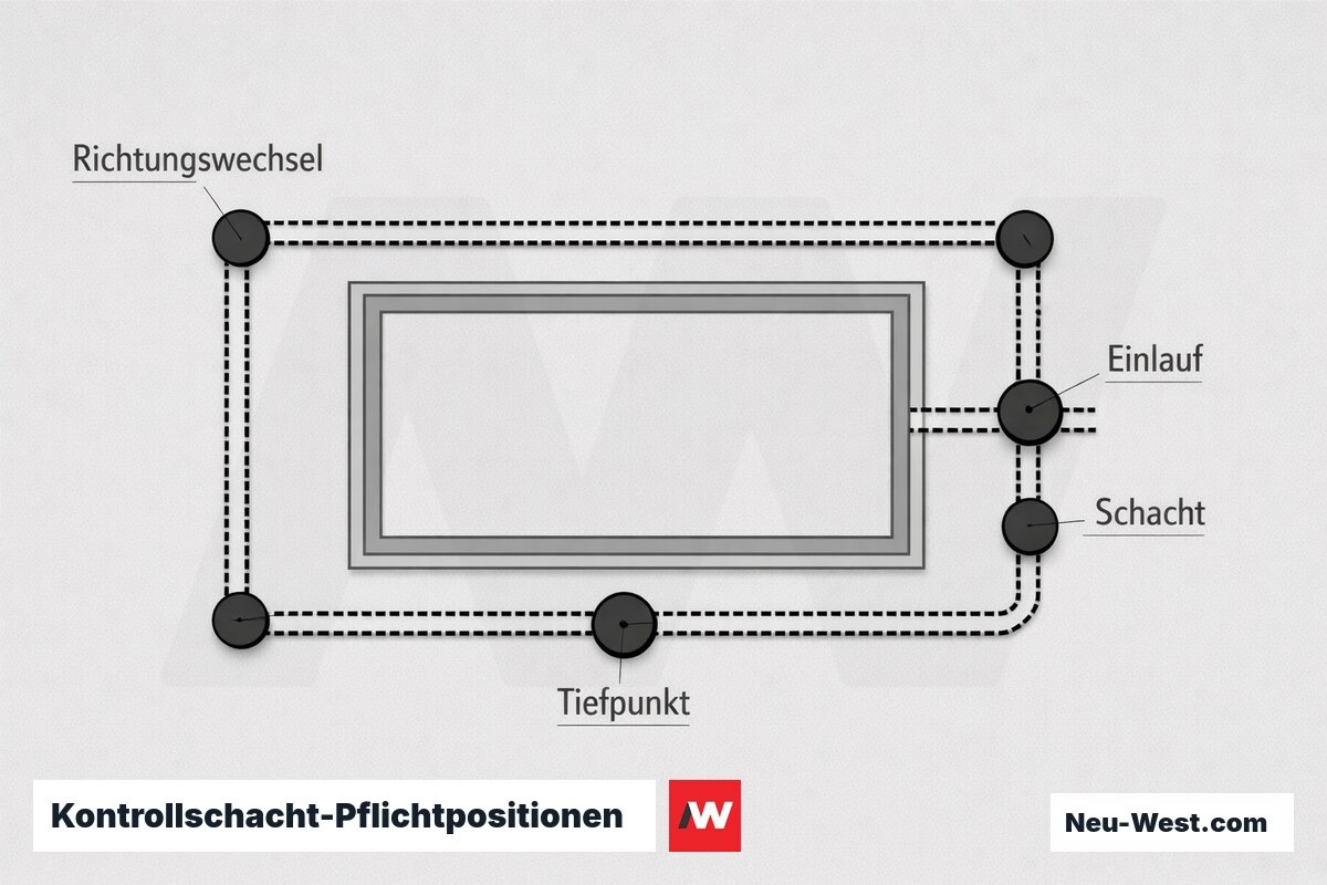 Kontrollschacht-Pflichtpositionen im Grundriss nach DIN 4095 – Erklär-Grafik (NEUWEST Berlin)